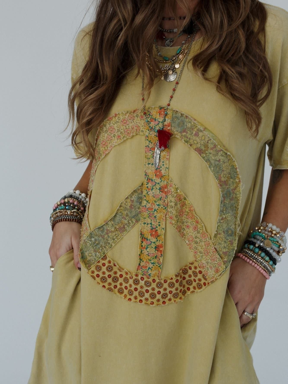 Yellow Patchwork Peace Sign Tunic Dress With Pockets Three Bird Nest - Picture 4 of 9